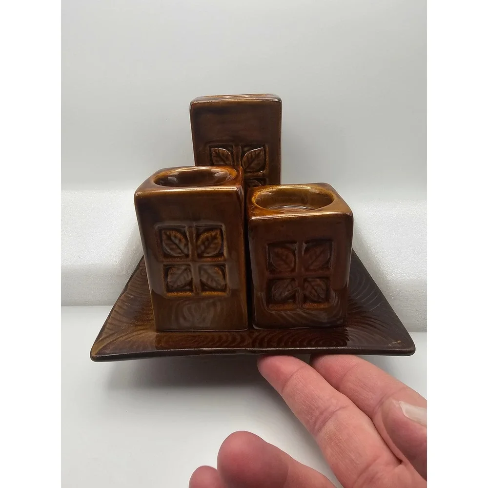 Vintage Brown Ceramic Candle Holder Set 3 Pillars and Tray Embossed Leaf Design